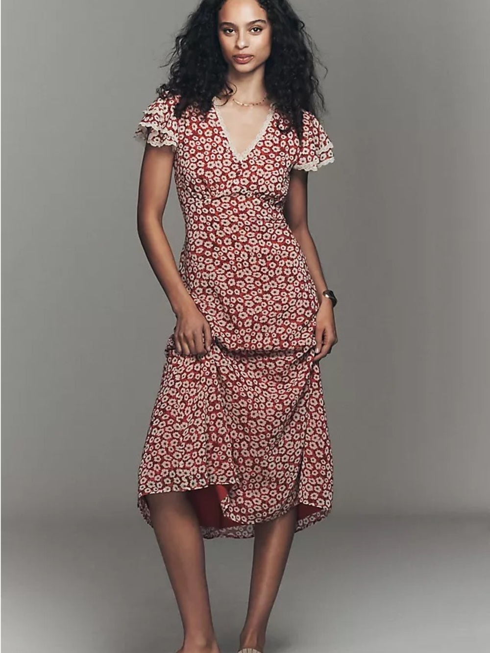 Exquise Red floral Midi Dress by Anthropologie